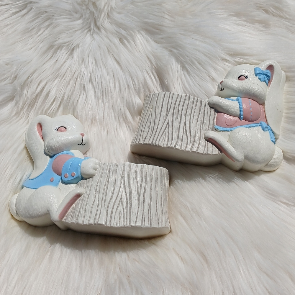 Vintage Burwood Bunny Rabbit Wall Hanging Pockets Planters White Pink Blue 90s